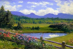 Sunny day, clouds, mountains, flowers, fence, grass, trees, distant trees, philip wilson steer impressionism painting