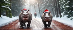 hippo in the snow with santa clause hat, forest alley background, close-up shot, realistic,Highest quality telescopic Zeiss Zoom lens, supreme cinematic-quality photography, steel walnut wood green leather clothes, Art Nouveau-visuals,Vintage style Octane Render 3D technology,hyperrealism photography,(UHD) high-quality cinematic character render,Insanely detailed close-ups capturing beautiful complexity,Hyperdetailed,Intricate,