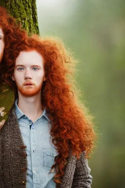 Jeune couple, visage hyper détaillé, réaliste. Forêt fantaisiste détaillée,paysage magnifique, Fille rousse aux cheveux raides et longs, garçon grand, musclé très longs cheveux bruns très bouclés. Fille jean pull, garçon tenue de bûcheron.