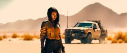 a grumpy cyberpunk girl standing in overdrive in the Mojave desert, side view, impasto, minimal, splash art, wide angle, centered, distant horizon, spacious scene, harsh contrasts, scattered tint leaks, sparse thick brushstrokes, (glitch:1.7), warm colors of sand yellow, beige, orange and black