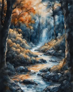 Perchance : Surreal, expressive nature sketch in a relaxed watercolor and ink style. Fast, shaky black ink contour lines with frequent breaks, intersections, and varying thickness. Watercolor washes of ochre, terracotta and powder blue are loosely applied, often deliberately misaligned with ink borders to create a sense of movement. Visible cold pressed paper texture and ample white space. Subject: forest detail, trees, undergrowth, stream with rocks, waterfall. Deep, atmospheric shadows in the