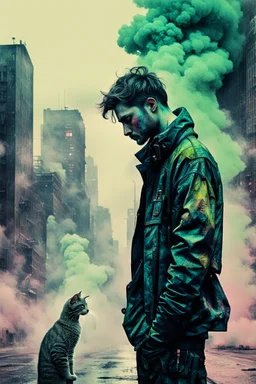 an impasto and tint line photo of a sad cyberpunk man holding a wet stray cat standing in front of a city made of smoke, ink leak, bronze - skinned, (front view:1.6), geometric curves, featured art, philosophical splashes of dull weak colors, chartreuse influence, art brought to life, soul shock