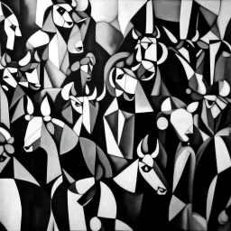 picasso cubism crowd of people black and white bull in the middel