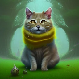 Drawing of a yellow cat sitting in front of a tree, the background is green, storybook illustration by Gediminas Pranckevicius, featured on deviantart, gothic art, magical fairy tale atmosphere, storybook illustration, dark and mysterious