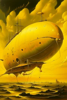 A golden yellow airship in a thunderstorm painted by Salvador Dali