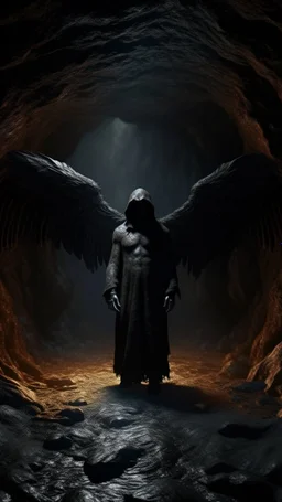 An hooded Angel with wings , thick layer of dark brown corrosion , standing in front of a dark cave, Bosch painting style , of a nightmare , hyper photorealistic, hyper detailed dark , high resolution, fog, octane render, tilt shift, 8k ,