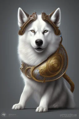 photorealistic cute white husky knight, hyperdetailed painting, luminism, Bar lighting, complex, ancient greek clothes, messy brown old clothes, 4k resolution concept art, Artgerm, WLOP, Alphonse Mucha, 3d render, octane render, intricately detailed, cinematic, awesome full color, hand drawn, dark, gritty, realistic mucha, klimt, cinematic