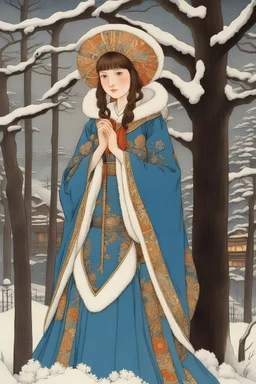 Walter Crane, Tomie dePaola, Surreal, mysterious, bizarre, fantastical, fantasy, Sci-fi, Japanese anime, Christmas night, town inside a giant snow kamakura, blueprint of snow crystals, frost-covered trees, Mikado, frost flowers, miniskirt beautiful girl, perfect voluminous body, detailed masterpiece