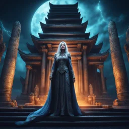 Photo of a luminescent woman mage at night standing in front of an ancient temple lit by moonlight:: eye_level perspective :: dark :: space background, 3d shading, extreme detail, digital art, 4k, ultra hd, mist