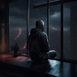 A man in hoodie , seeing the city through the window, beautiful cozy bedroom with floor to ceiling glass windows overlooking a cyberpunk city of India at night, thunderstorm outside with torrential rain, detailed, high resolution, photo realistic, dark, gloomy, moody aesthetic, intricate details, unreal engine 5