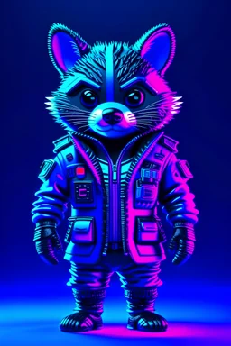 isometric view of a chibi cute hyperrealistic futuristic soldier raccoon wearing cyberpunk jacket. Cinematic, hyper detailed, black neon background , highly detailed, zoomed out,