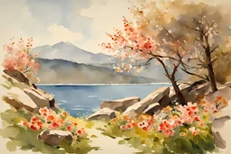 Sunny day, spring, flowers, rocks, mountains, epic, winslow homer watercolor paintings