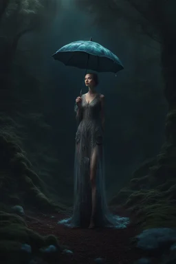 tall slim woman in a dress, in a forest, holding an umbrella made from a jellyfish, detailed matte painting, deep colour, fantastical, intricate detail, complementary colours, fantasy concept art, 8k resolution, Unreal Engine 5