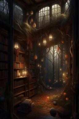 Forest library, autumn, many books,nature,natural lines, lamp garlands, twilight,dark,botanical maximalism boho style, hyperrealism, hyperdetalization, high quality, 32k, dark botanical, bionics, bionic elements,grunge, magic, fantasy, many complex details, filigree, clarity, sharpness, 8d painting, concept art, 35 mm, contrast