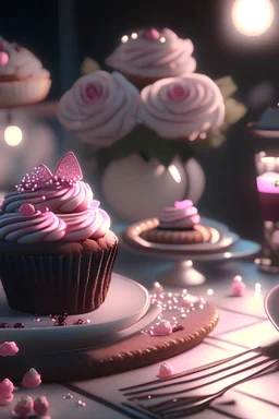 cinematic lighting, Modern Cafe, rosette cupcakes with diamond accents, diamond iphone, diamond laptop, pastel roses, diamond fortune cookies, diamond butterflies, pink chocolate chip cookies, macaroons, chocolate dessert buffet backdrop, HD, 4k, 5D, 8K, dramatic lighting, modern decor, candles, romance, surrealism, photorealistic, ultra-detailed