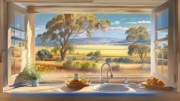 in a romantic artistic style, a view of an australian sunny peaceful landscape outside kitchen window