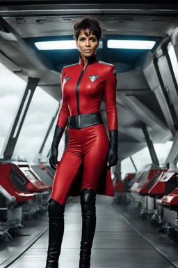 Ultra photograph like image of Halle Berry wearing a Star Trek Original Series red uniform and black boots. She has shortish hair and ample bosoms. She stands in front of her station on the Bridge.