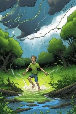 A young man with fruit trees for arms and legs floats above a swamp casting lightning bolts