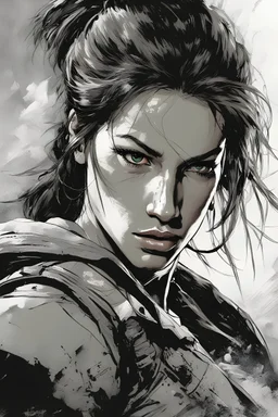 create a young female adventurer(Lara Croft), comic book art style of Yoji Shinkawa, Frank frazetta, Mike Mignola, Bill Sienkiewicz, Brian Martel, Jennifer Wildes and Jim Sanders highly detailed facial features, grainy, gritty textures, foreboding, dramatic otherworldly and ethereal lighting