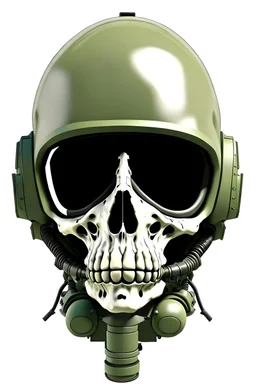 A skull in frontal view, wearing a military jet pilot helmet. The oxygen mask with tube is in front of the teeth