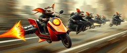 hi speed rocket ship on leaning scooter in a swing, coated rat gremlin captain in high speed pursuit among neon spy vs spy rat cyber soldiers, with background motion blur, airbrush and pen outline, in the style of Rembrandt