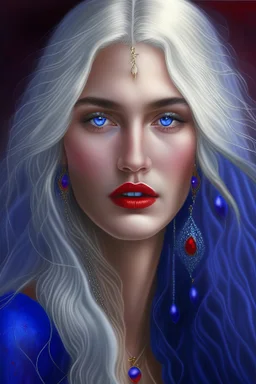 A beautiful woman with long silver and golden hair, her eyes are purple and her mouth is small red, her face is round She wears sparkling blue pearl earrings, resembling Monica Bellucci