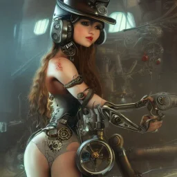 great illustrator, spanish, realistic rendering of a russian cute girl, beautiful, steampunk style. Helmet with tubes. smiling. Machinery in the background. robotic bird flying. High details. 4k. unreal engine