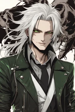 plauge doctor in balck leather clothes with silver hair, pale skin and bright green eyes smiling with sharp teeth, nice young face
