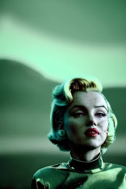 Ultra Realistic retro sci-fi scene, portrait, blonde woman, sweet young Marilyn Monroe face, perfect iris, tight latex coat, Strange planet background, Retro sci-fi style helmet, fog, rain, soft color, highly detailed, unreal engine 5, ray tracing, RTX, lumen lighting, ultra detail, volumetric lighting, 3d, finely drawn, high definition, high resolution.