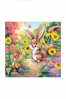 The cute bunny excitedly looks at a bright yellow sunflower in the colorful garden, the beautiful butterfly and friendly brown squirrel are smiling, child book illustration style, faces must be the same as reference image