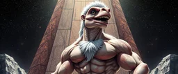 brilliant detailed full figure portrait disco glittery happy weasel fluffy muscle man dino anime in the style of Escher and Giger in front of dented marble tower of glitter