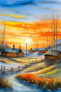 deseneaza un tablou in aquacolor ,cu lumini si umbre, cu linii oblice , cu outlinii de contrast la culori ,cu mare acuratete si contrast ,reprezentand un sat din tundra ruseasca , iarna la asfintit , stil pictura pe sticla