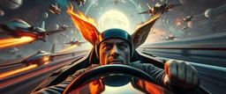 ears on fire, b movie poster, etheral astral weird perspective worried yoga vin diesel legend race car racing with huge g force against spaceships going sideways in ramp driver close up portrait of dj magic kobold gremlin farmer pilot looking down on cam, with background in the style of escher and giger, a chill contrapunctus fugue in the style of fsol, beethoven,