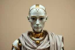 an automaton, a mechanical man, made of ivory porcelain skin, with bronze gold trims, doll-like features, dressed in classical greek clothes, empty black eyes and unexpressive face, full figure, photorealism