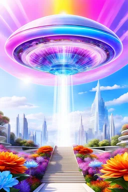 Ufo rainbow, futuriste ultra moderne,stairway to heaven,crystal very beautiful city,flowers garden,angels