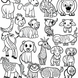 black and white drawing of animals, outlined art bold, coloring book page for kids, simple classic cartoon style, 2D v4 q2