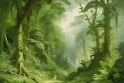 A light palish green rainforest with chopped down trees painted by Giovanni Battista Sassi