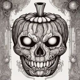 Whimsical cutaway schematics of Halloween Pumpkin jack-o-lantern, medical illustration manual; by Tim Burton, by Shawn Tan, by Dan Mumford; hyperreal; deep vibrant rich orange, black, and red color scheme; fine ink illustration, intricate complex detail, whimsical.