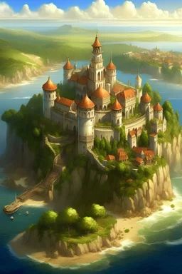 a large fantasy seaside white metropolis, realistic artstyle, large ornate palace-castle on a hill near the coast, big walls, tall golden towers, red roofs, high perspective, king's landing, Constantinople, bird's eye view, high view, summer, warm, focus on the city, Huge Grass fields, forested, many trees, loose and separated buildings, ten internal fields and grass fields, staircases and bridges