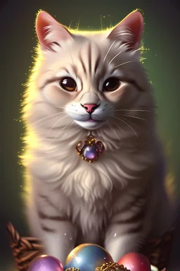 A knitted cute adorable smiling cat holding a basket of jewels and gems. His fur is realistic. The background is a romantic carpet bokeh digital painting extremely detailed studio lighting crisp quality and light reflections 8k cinematic lighting portrait photorealistic ultra detailed cinematic postprocessing focused