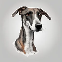 single Cute greyhound head, clean white background, print ready vector t-shirt design, cute funny face, sticker, professional vector, high detail, , sharp focus, studio photo, intricate details, highly detailed, ultra hd, realistic, vivid colors, highly detailed , 8k , Macro photography, close-up, hyper detailed, sharp focus, studio photo, intricate details, highly detailed, by xanuth