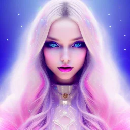 beautiful, soft, smiling face, whole head, long straight blonde hair blues eyes, crown on the head, clothing in transparent bluish and pink veil, background brillante bluish and pink, hight definition, 8K