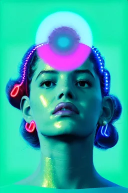 Rosalía artist, Realistic image, natural waist up portrait, perfect eyes, glow, circle iris, eye liner. pigtails hair, spray line make up, glow. lips, gold. big rings piercing, led ornament, pearls. coat, latex, inflatable, hot, led lights, minimal, neon, pink, blue, gold, vibrant color, highly detailed, art stations, concept art, smooth, unreal engine 5, god lights, ray tracing, RTX, lumen lighting, ultra detail, volumetric lighting, 3d, finely drawn, high definition, 4k.