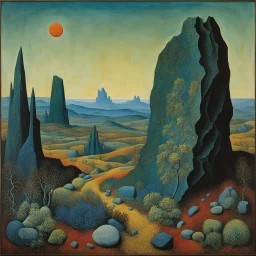 For The Eyes of Silence Max Ernst employed a technique called decalcomania to create arbitrary textures on the canvas, which he then reworked to resemble rock formations and forms of animals, plants. a primordial-like "part vegetation, part rock and part bejewelled