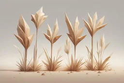 concept art of six low poly stylized alien dry single leaf tall grass on a neutral background. Strange fictional extraterrestrial flora with unusual shapes