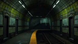 GAME CONCEPT ART .two poin perspective.Station platform and stairs from side .photograph inside of hole .very big ambient.gient station.Inside the old subway tracks, . Low light and closed green moss walls. Like the original design of the game space ,digital art.landscape,far camera old painting,2 Chen and George Hopper, Rembrandt lighting, a dark green color scheme, . --ar 13:16 --v 6. 0 metro game