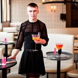 Russian guy young boy short man's haircut men's face boyish features in black girlish lacy cocktail dress in restaurant