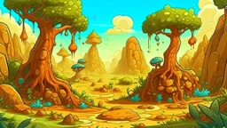 Fantasy cartoon illustration for children: jurassic millions of years ago, with towering prehistoric trees, bubbling mud pits