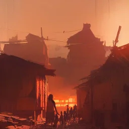 slums, hill, sunny, big, on fire, 8k resolution concept art portrait by Greg Rutkowski,