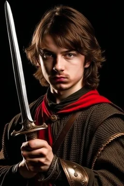 european brown hair young adult royal guard swordsman with rapier scary face screamer